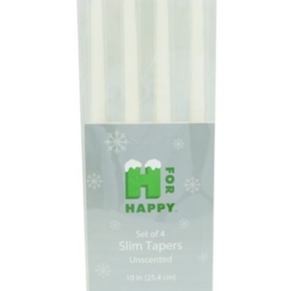 H for Happy Unscented Slim Taper Candles Ivory Set of 4 Long Burning Warm Glow